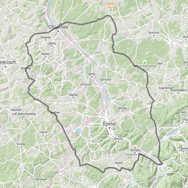 Miniature de la carte de l'inspiration cycliste "Explorer les Vosges depuis Éloyes" dans la Lorraine, France. Générée par le planificateur d'itinéraire cycliste Tarmacs.app