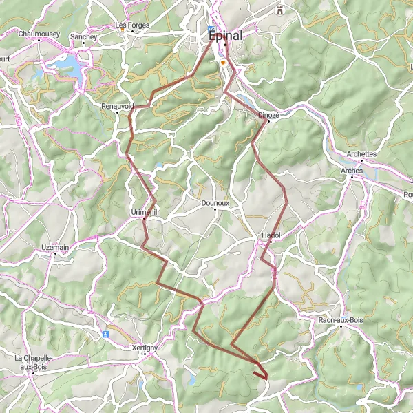 Map miniature of "Épinal Gravel Loop" cycling inspiration in Lorraine, France. Generated by Tarmacs.app cycling route planner