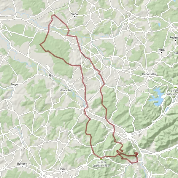 Miniature de la carte de l'inspiration cycliste "Circuit de la Vallée de la Plaine" dans la Lorraine, France. Générée par le planificateur d'itinéraire cycliste Tarmacs.app