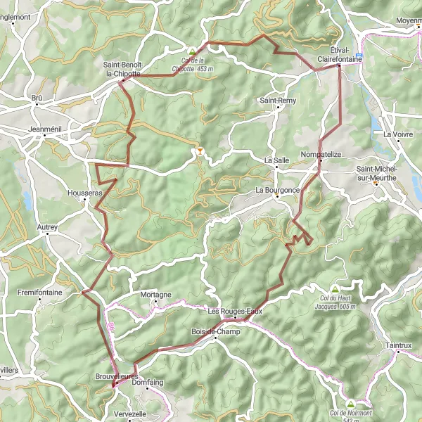 Miniature de la carte de l'inspiration cycliste "Boucle gravel vers Brouvelieures" dans la Lorraine, France. Générée par le planificateur d'itinéraire cycliste Tarmacs.app