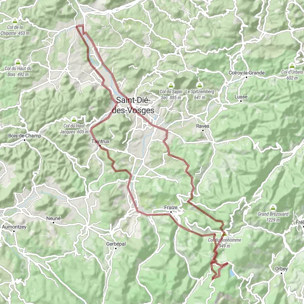 Map miniature of "The Mountain Passes" cycling inspiration in Lorraine, France. Generated by Tarmacs.app cycling route planner