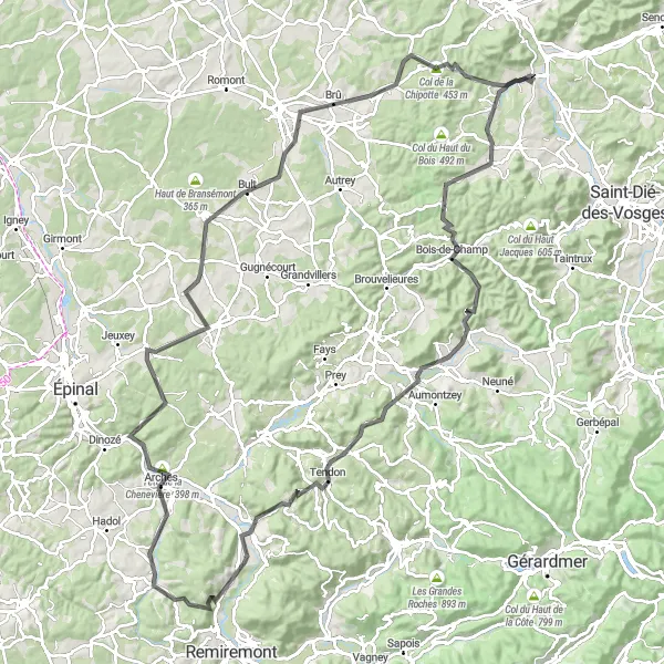 Miniature de la carte de l'inspiration cycliste "Le Tour des Collines Vosgiennes" dans la Lorraine, France. Générée par le planificateur d'itinéraire cycliste Tarmacs.app