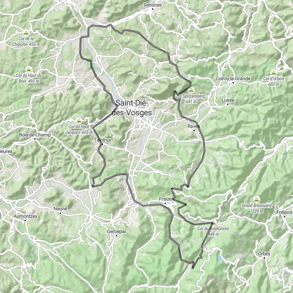 Miniature de la carte de l'inspiration cycliste "Tour en boucle vers Ban-sur-Meurthe-Clefcy" dans la Lorraine, France. Générée par le planificateur d'itinéraire cycliste Tarmacs.app