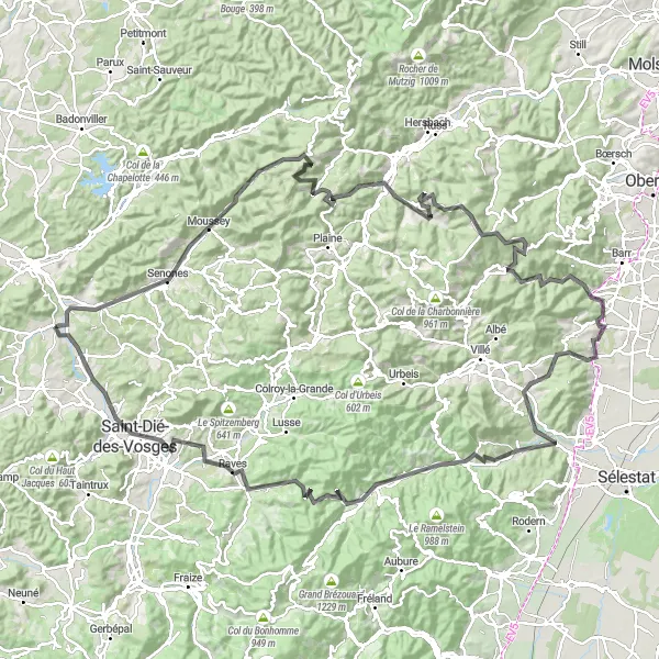 Miniature de la carte de l'inspiration cycliste "Tour des Vosges" dans la Lorraine, France. Générée par le planificateur d'itinéraire cycliste Tarmacs.app