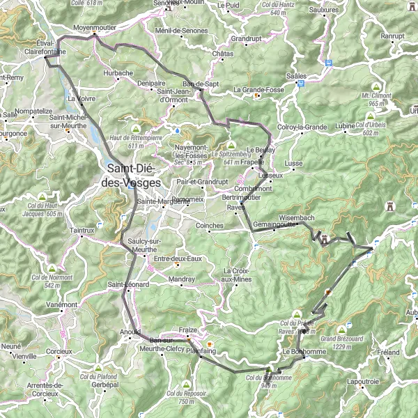 Map miniature of "The Beauty of the Vosges Mountains" cycling inspiration in Lorraine, France. Generated by Tarmacs.app cycling route planner