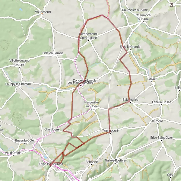 Map miniature of "The Chée Valley Expedition" cycling inspiration in Lorraine, France. Generated by Tarmacs.app cycling route planner