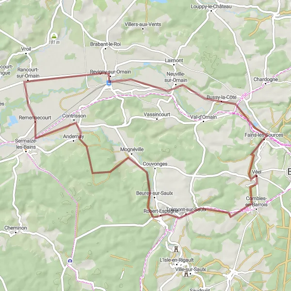Miniature de la carte de l'inspiration cycliste "Les rives de l'Ornain en gravel" dans la Lorraine, France. Générée par le planificateur d'itinéraire cycliste Tarmacs.app