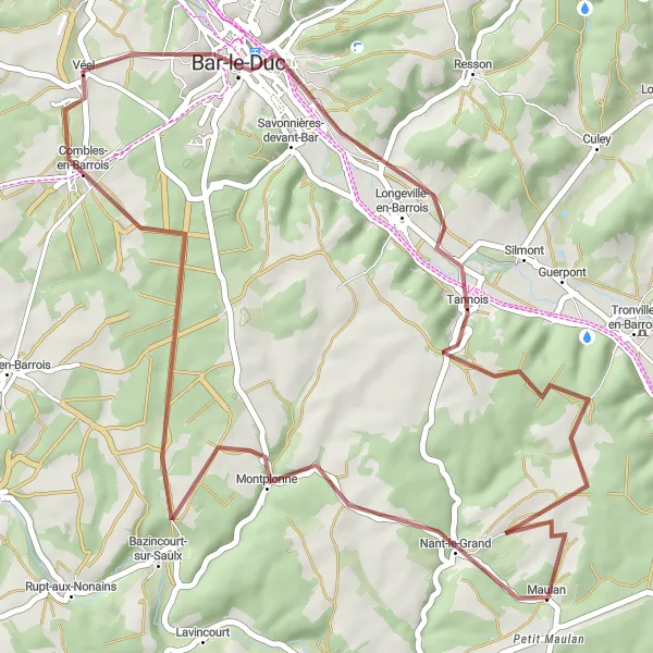 Miniature de la carte de l'inspiration cycliste "Les panoramas de Lorraine en gravel" dans la Lorraine, France. Générée par le planificateur d'itinéraire cycliste Tarmacs.app