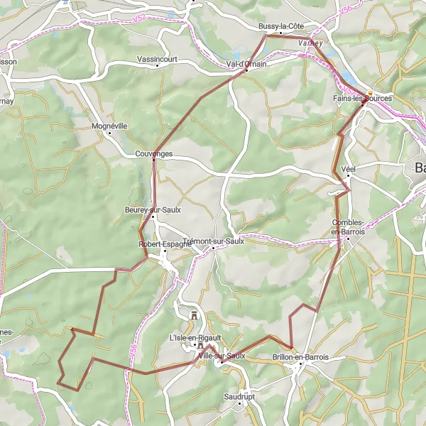 Miniature de la carte de l'inspiration cycliste "Aventure Gravel en Meuse" dans la Lorraine, France. Générée par le planificateur d'itinéraire cycliste Tarmacs.app