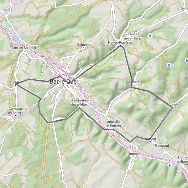 Map miniature of "The Barrois Backroads" cycling inspiration in Lorraine, France. Generated by Tarmacs.app cycling route planner