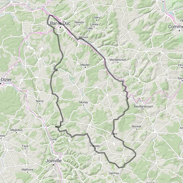 Miniature de la carte de l'inspiration cycliste "Les Collines de la Meuse" dans la Lorraine, France. Générée par le planificateur d'itinéraire cycliste Tarmacs.app