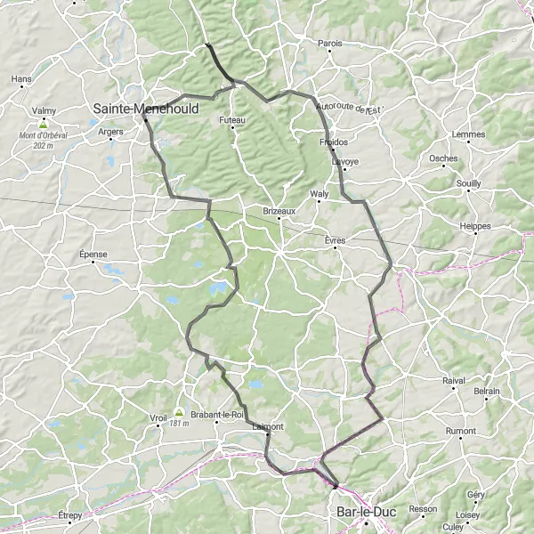 Miniature de la carte de l'inspiration cycliste "La vallée de l'Aire en route" dans la Lorraine, France. Générée par le planificateur d'itinéraire cycliste Tarmacs.app