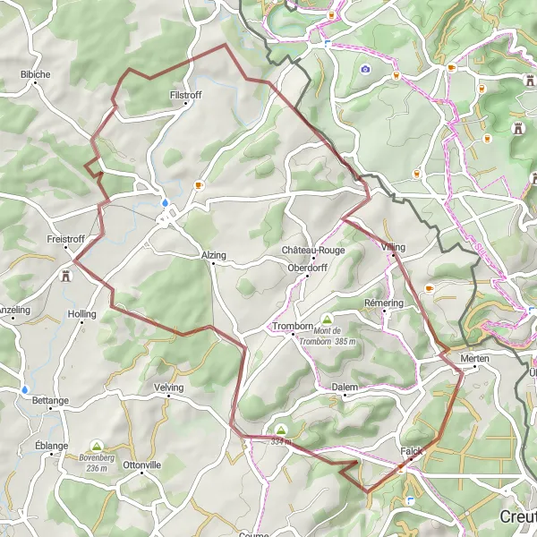 Map miniature of "The Rolling Hills and Moselle River Gravel Adventure" cycling inspiration in Lorraine, France. Generated by Tarmacs.app cycling route planner