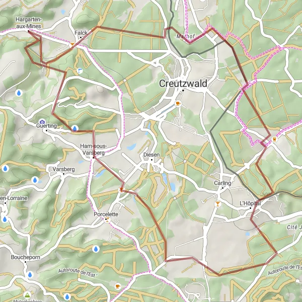 Miniature de la carte de l'inspiration cycliste "Boucle à vélo de 42 km au départ de Falck" dans la Lorraine, France. Générée par le planificateur d'itinéraire cycliste Tarmacs.app