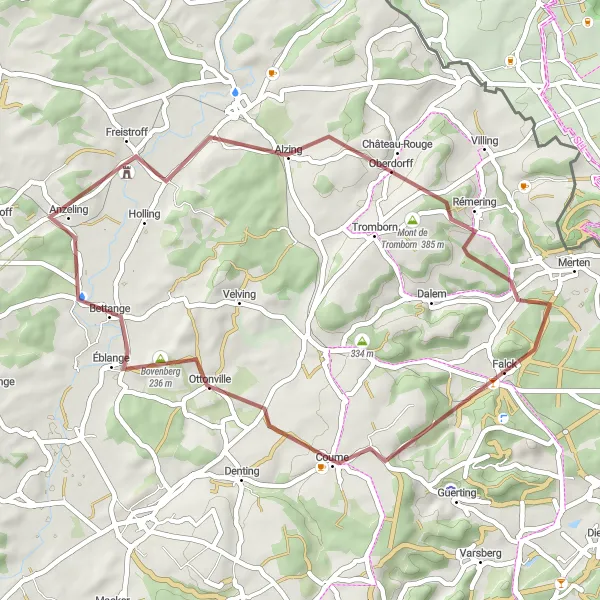 Miniature de la carte de l'inspiration cycliste "La Boucle Gravel de Falck à Mont de Tromborn" dans la Lorraine, France. Générée par le planificateur d'itinéraire cycliste Tarmacs.app