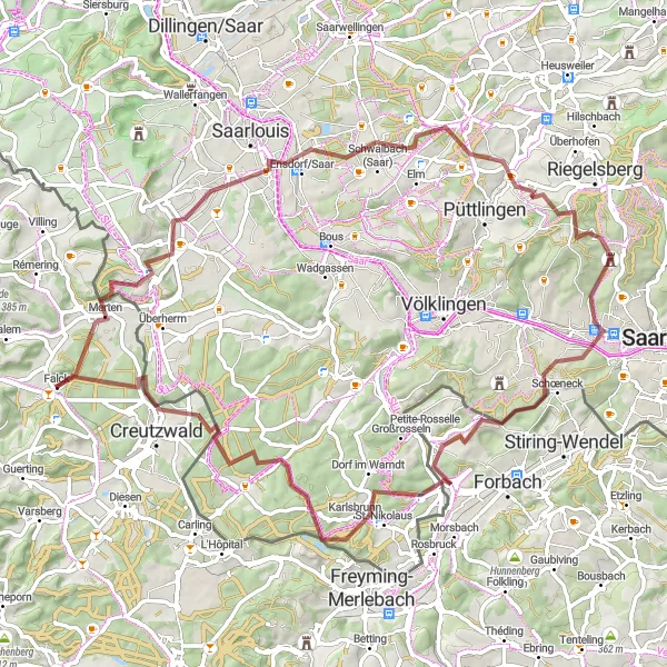 Map miniature of "Saarland Gravel Loop" cycling inspiration in Lorraine, France. Generated by Tarmacs.app cycling route planner