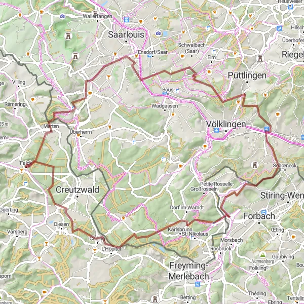 Miniature de la carte de l'inspiration cycliste "Aventure de 73 km en gravier autour de Falck" dans la Lorraine, France. Générée par le planificateur d'itinéraire cycliste Tarmacs.app