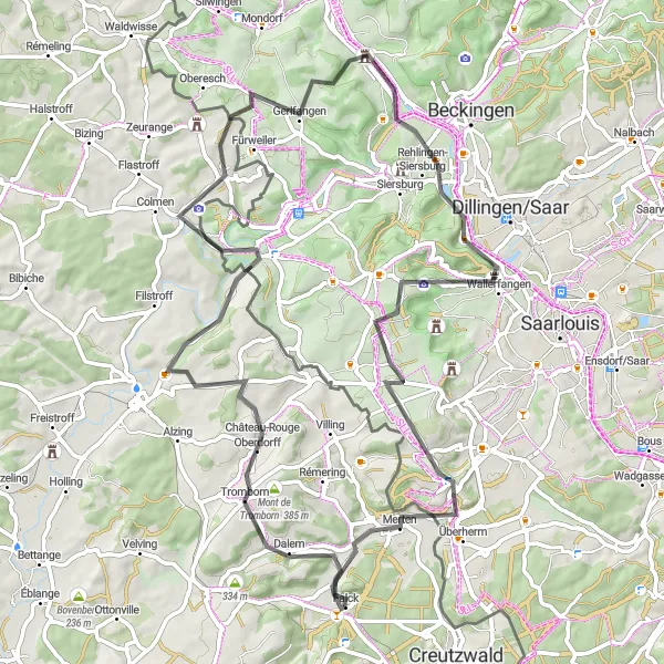 Miniature de la carte de l'inspiration cycliste "Tour du Château-Rouge et de la Vallée de la Sarre" dans la Lorraine, France. Générée par le planificateur d'itinéraire cycliste Tarmacs.app