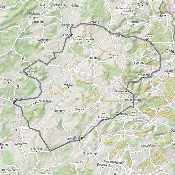 Miniature de la carte de l'inspiration cycliste "La Boucle de Falck à Hargarten-aux-Mines" dans la Lorraine, France. Générée par le planificateur d'itinéraire cycliste Tarmacs.app