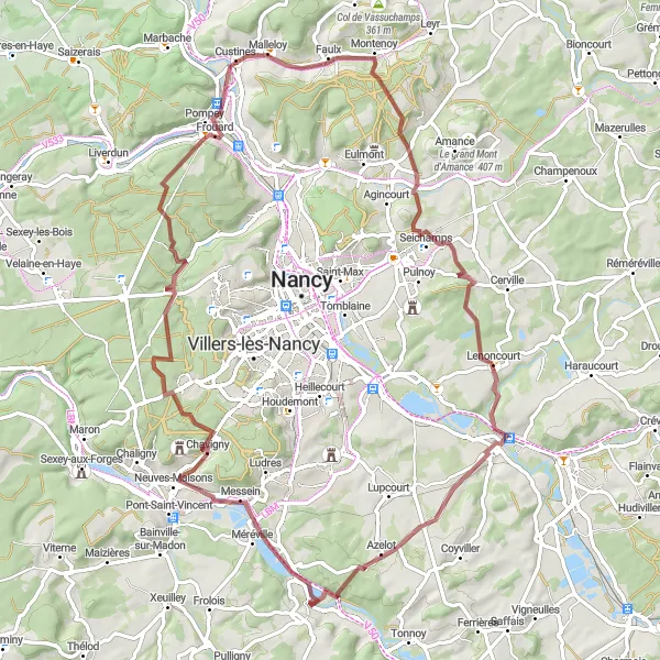 Map miniature of "Gravel Route 1" cycling inspiration in Lorraine, France. Generated by Tarmacs.app cycling route planner