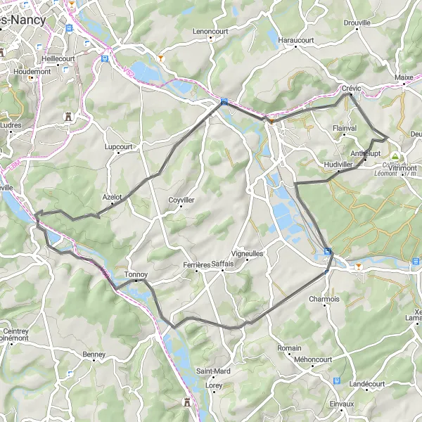 Map miniature of "Hidden Villages" cycling inspiration in Lorraine, France. Generated by Tarmacs.app cycling route planner