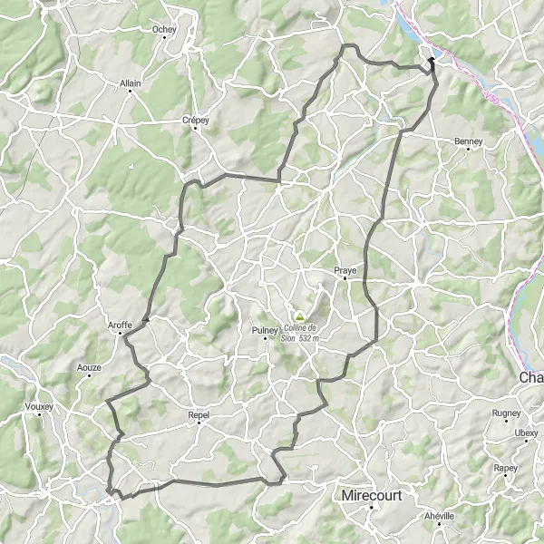 Miniature de la carte de l'inspiration cycliste "Boucle autour de Ceintrey et Frenelle-la-Grande" dans la Lorraine, France. Générée par le planificateur d'itinéraire cycliste Tarmacs.app