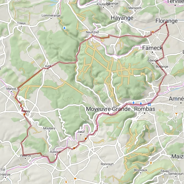 Miniature de la carte de l'inspiration cycliste "Parcours Gravel autour de Florange" dans la Lorraine, France. Générée par le planificateur d'itinéraire cycliste Tarmacs.app