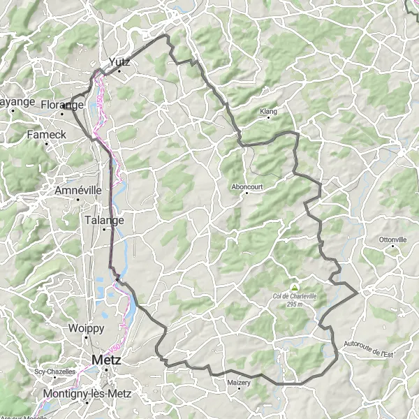 Miniature de la carte de l'inspiration cycliste "Parcours à travers la Campagne Lorraine" dans la Lorraine, France. Générée par le planificateur d'itinéraire cycliste Tarmacs.app