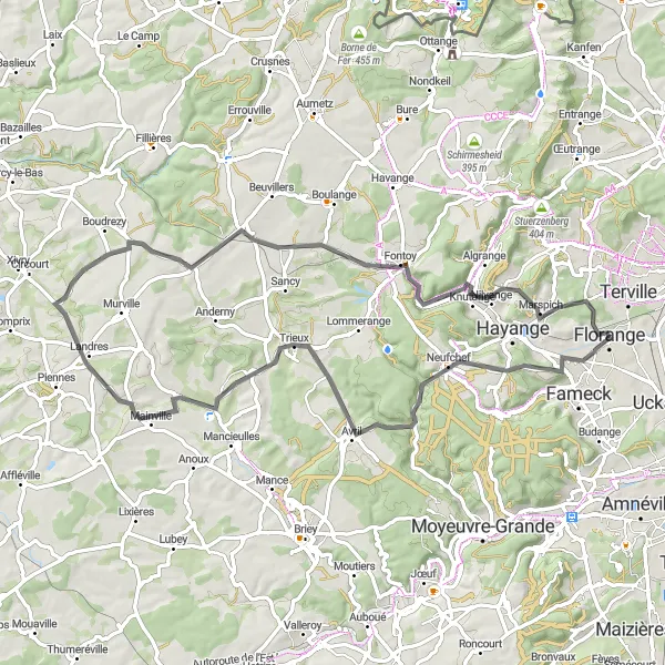 Miniature de la carte de l'inspiration cycliste "Escapade à travers la Campagne Lorraine" dans la Lorraine, France. Générée par le planificateur d'itinéraire cycliste Tarmacs.app