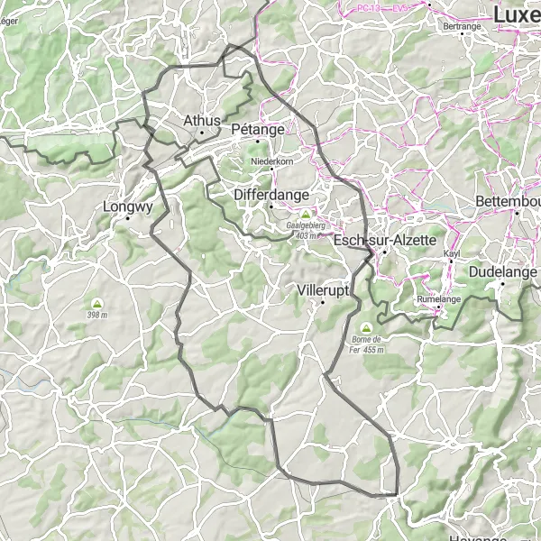 Map miniature of "The Valley Discovery" cycling inspiration in Lorraine, France. Generated by Tarmacs.app cycling route planner