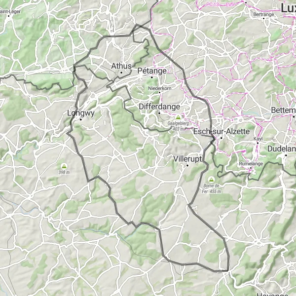 Map miniature of "The Road Explorer" cycling inspiration in Lorraine, France. Generated by Tarmacs.app cycling route planner