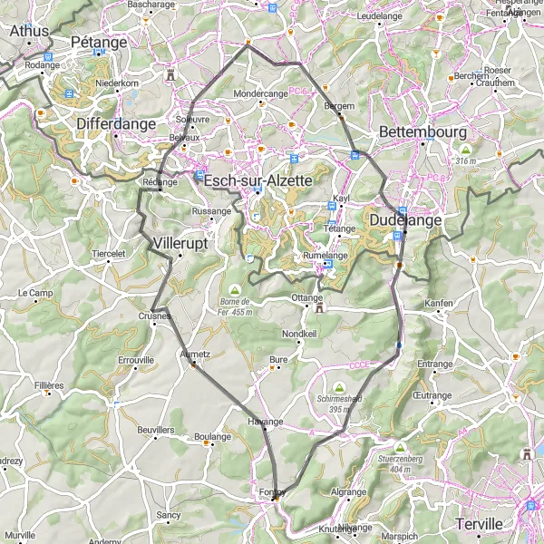 Map miniature of "The Countryside Ride" cycling inspiration in Lorraine, France. Generated by Tarmacs.app cycling route planner