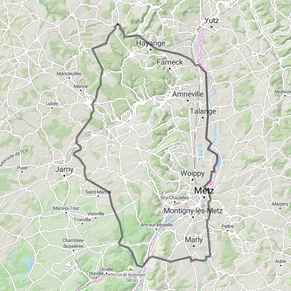 Map miniature of "Road Cycling Tour with Scenic Views of Lorraine" cycling inspiration in Lorraine, France. Generated by Tarmacs.app cycling route planner