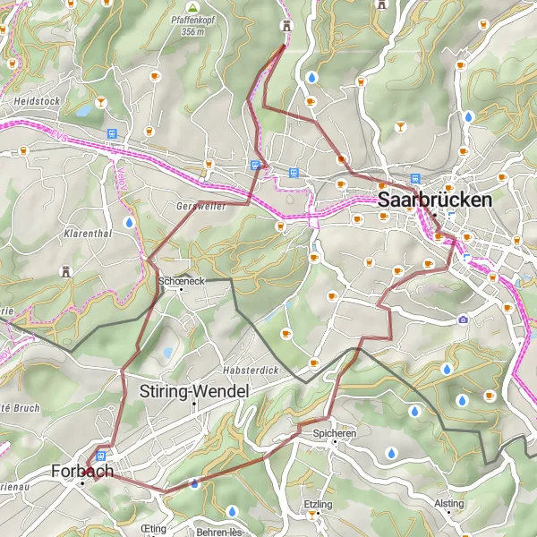 Map miniature of "The Beauty of Borderlands" cycling inspiration in Lorraine, France. Generated by Tarmacs.app cycling route planner