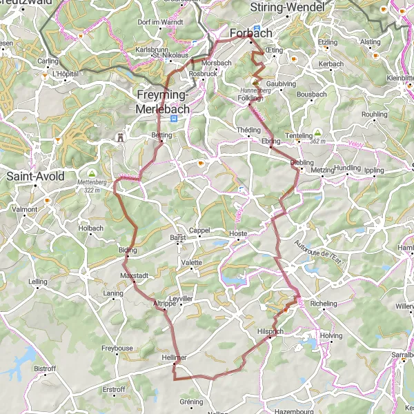 Map miniature of "Hidden Gems of Lorraine" cycling inspiration in Lorraine, France. Generated by Tarmacs.app cycling route planner