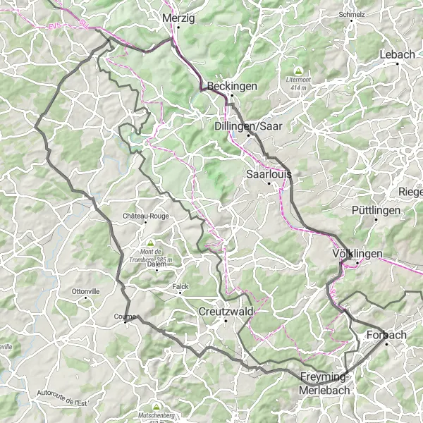 Map miniature of "The Mines and Monuments Route" cycling inspiration in Lorraine, France. Generated by Tarmacs.app cycling route planner