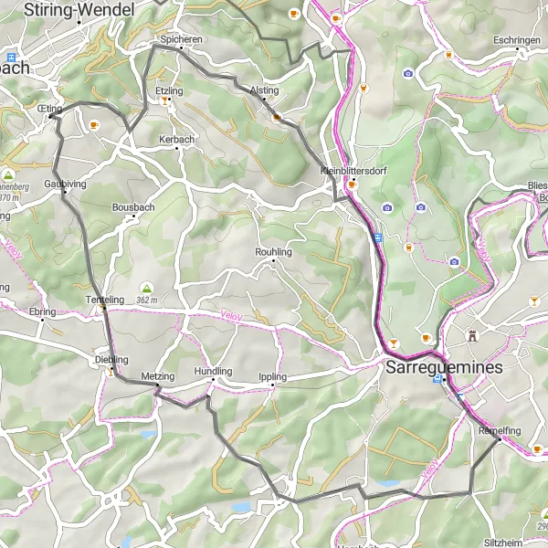 Miniature de la carte de l'inspiration cycliste "Tour de campagne de Forbach" dans la Lorraine, France. Générée par le planificateur d'itinéraire cycliste Tarmacs.app