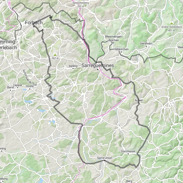 Map miniature of "The Charm of Moselle" cycling inspiration in Lorraine, France. Generated by Tarmacs.app cycling route planner