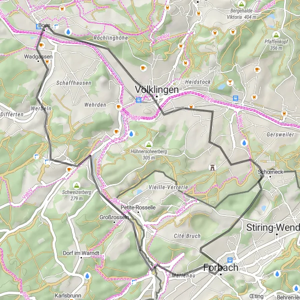 Map miniature of "Discovering the Coal Mining Heritage" cycling inspiration in Lorraine, France. Generated by Tarmacs.app cycling route planner