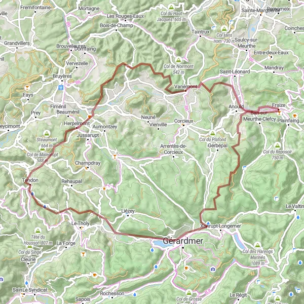 Miniature de la carte de l'inspiration cycliste "Boucle des Vosges sauvages" dans la Lorraine, France. Générée par le planificateur d'itinéraire cycliste Tarmacs.app