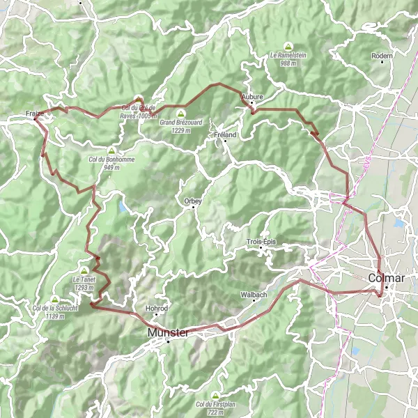 Map miniature of "Hidden Gems of Vosges Gravel Adventure" cycling inspiration in Lorraine, France. Generated by Tarmacs.app cycling route planner