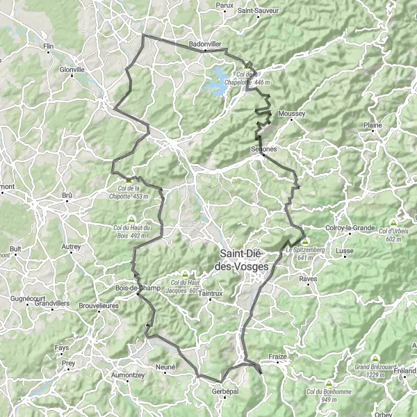 Map miniature of "Vosges Loop" cycling inspiration in Lorraine, France. Generated by Tarmacs.app cycling route planner