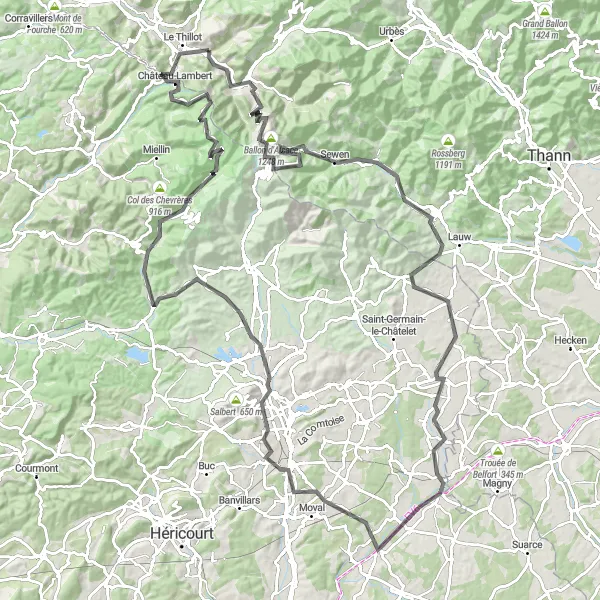 Miniature de la carte de l'inspiration cycliste "Parcours épique de 131 km autour de Fresse-sur-Moselle" dans la Lorraine, France. Générée par le planificateur d'itinéraire cycliste Tarmacs.app