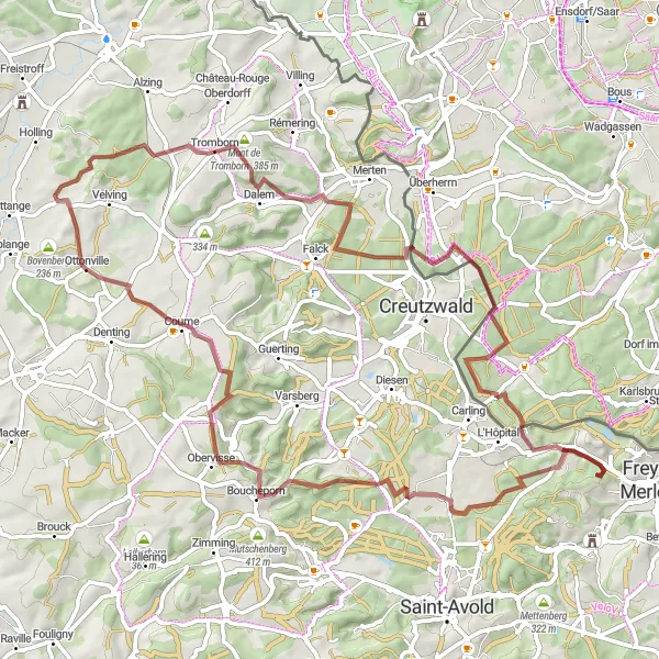 Miniature de la carte de l'inspiration cycliste "Les sentiers secrets de Lorraine" dans la Lorraine, France. Générée par le planificateur d'itinéraire cycliste Tarmacs.app