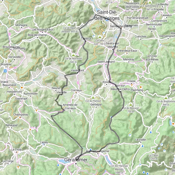 Miniature de la carte de l'inspiration cycliste "Le Charme des Vosges" dans la Lorraine, France. Générée par le planificateur d'itinéraire cycliste Tarmacs.app