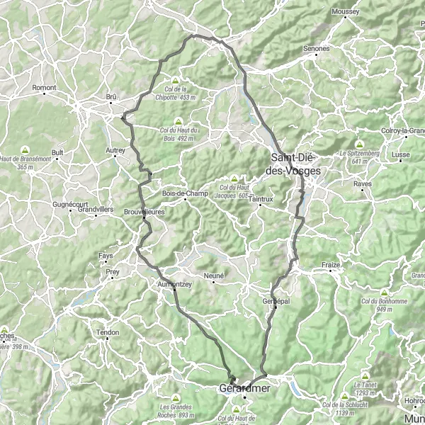 Miniature de la carte de l'inspiration cycliste "Boucle pittoresque des Vosges" dans la Lorraine, France. Générée par le planificateur d'itinéraire cycliste Tarmacs.app