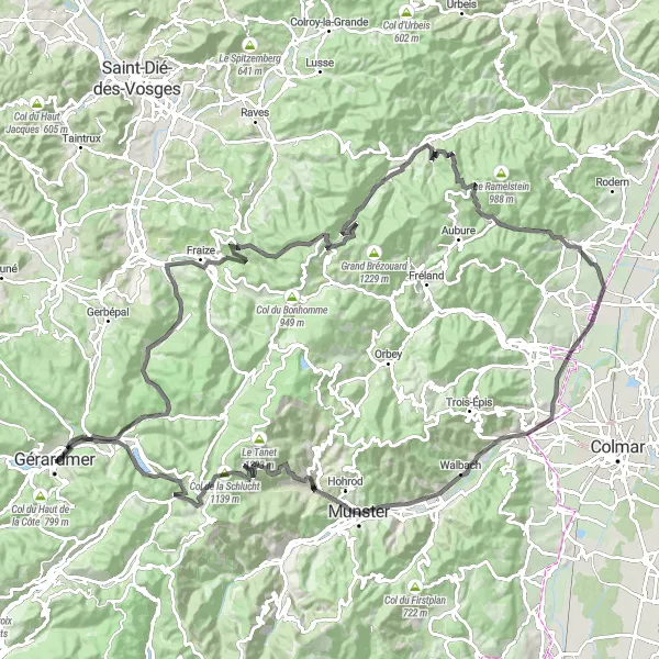 Miniature de la carte de l'inspiration cycliste "La Grande Boucle des Vosges" dans la Lorraine, France. Générée par le planificateur d'itinéraire cycliste Tarmacs.app