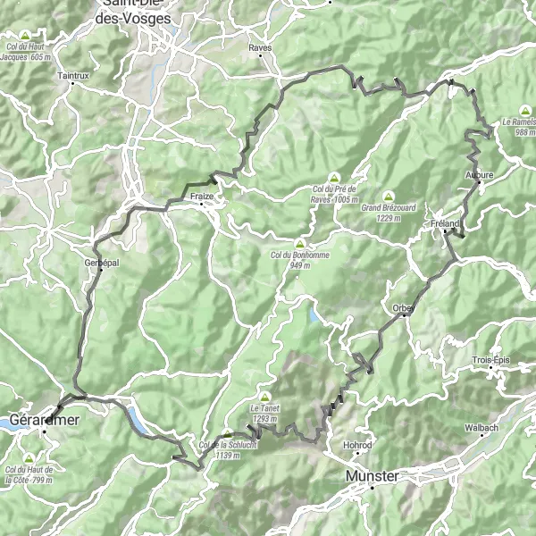 Miniature de la carte de l'inspiration cycliste "Tour panoramique des Vosges" dans la Lorraine, France. Générée par le planificateur d'itinéraire cycliste Tarmacs.app