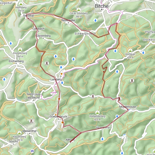 Miniature de la carte de l'inspiration cycliste "Itinéraire gravel à travers la campagne lorraine" dans la Lorraine, France. Générée par le planificateur d'itinéraire cycliste Tarmacs.app