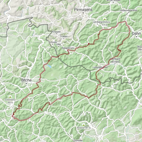 Map miniature of "The Gravel Adventure" cycling inspiration in Lorraine, France. Generated by Tarmacs.app cycling route planner